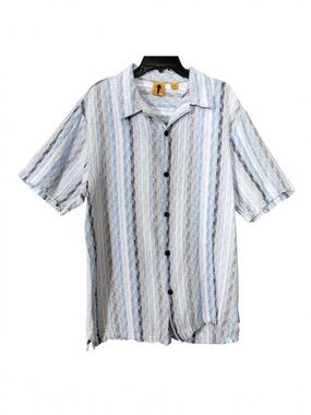 Steve Harvey Men Short Sleeve Linen Blue Tan White Stripe Button Down Shirt XXL